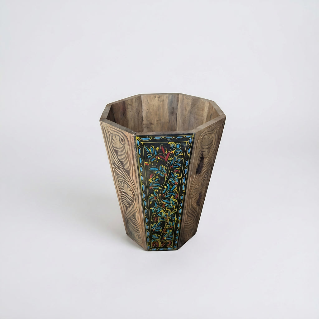 Swati Hand-Carved & Painted Wooden Basket - 12 Inch — handmade wooden craft — Craftan Pakistan