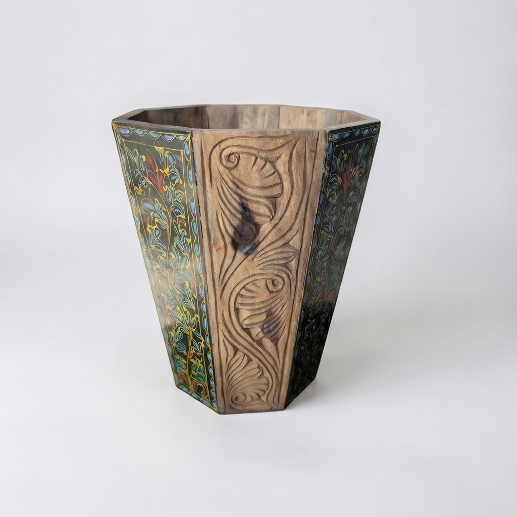 Swati Hand-Carved & Painted Wooden Basket displaying colorful painted details — wooden craft — Craftan Pakistan