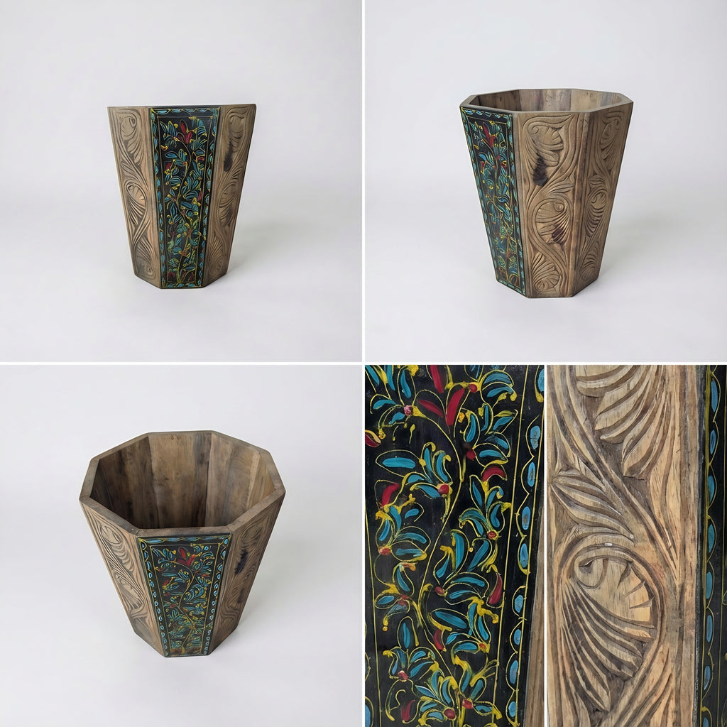 Swati Hand-Carved & Painted Wooden Basket showing intricate carved patterns — Swati wooden — Craftan Pakistan