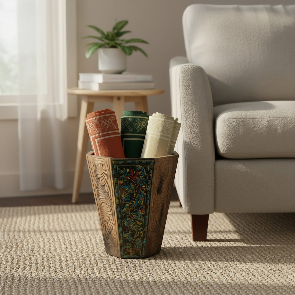 Swati Hand-Carved & Painted Wooden Basket interior showing craftsmanship quality — wooden — Craftan Pakistan
