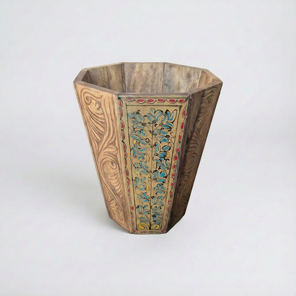 Swati Hand-Carved & Painted Wooden Basket — handmade wooden craft — Craftan Pakistan