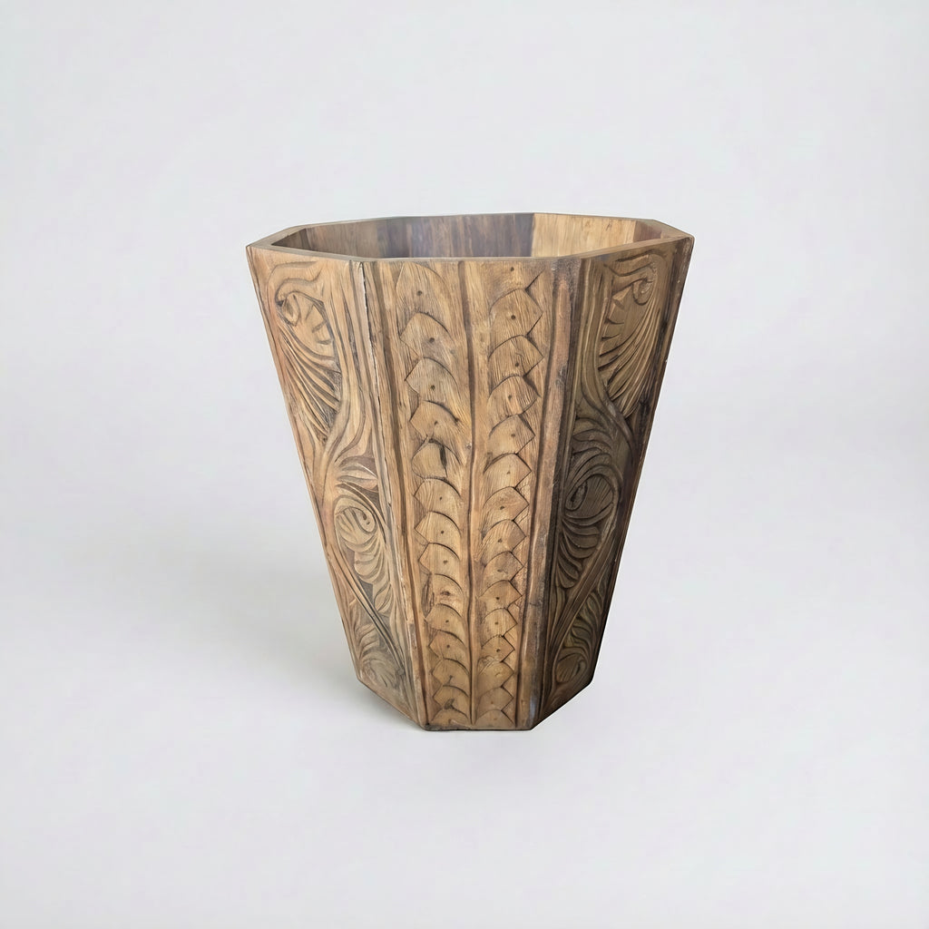 Swati Hand-Carved & Painted Wooden Basket — intricate Swati woodwork detailing — Craftan Pakistan
