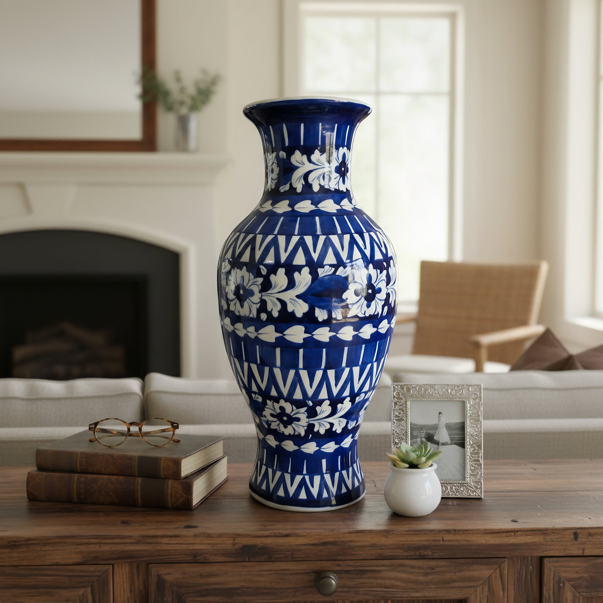 Pakistani handicraft blue pottery vase with traditional Multani motifs — Craftan