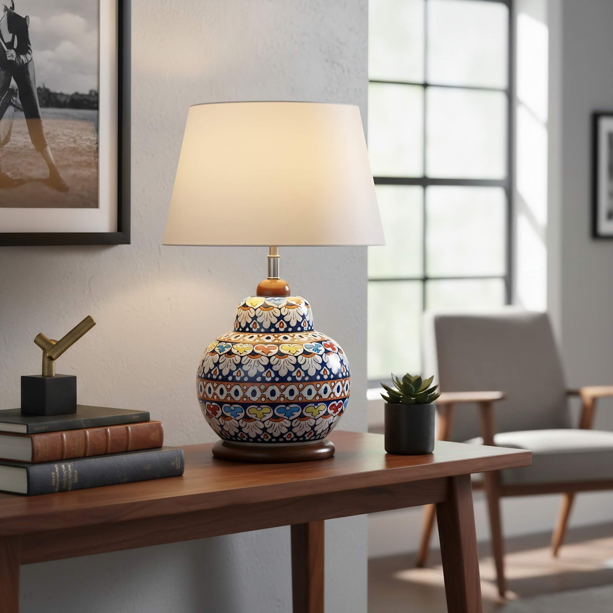 Handcrafted Multicolor Floral Blue Pottery Table Lamp – 16 Inch