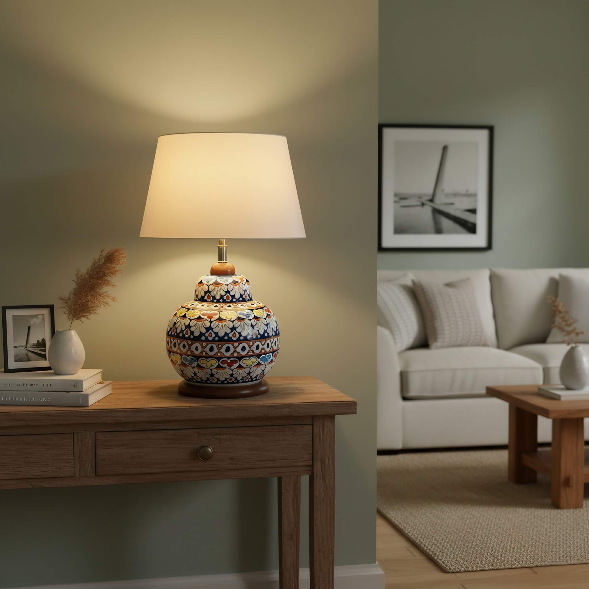 Handcrafted Multicolor Floral Blue Pottery Table Lamp – 16 Inch