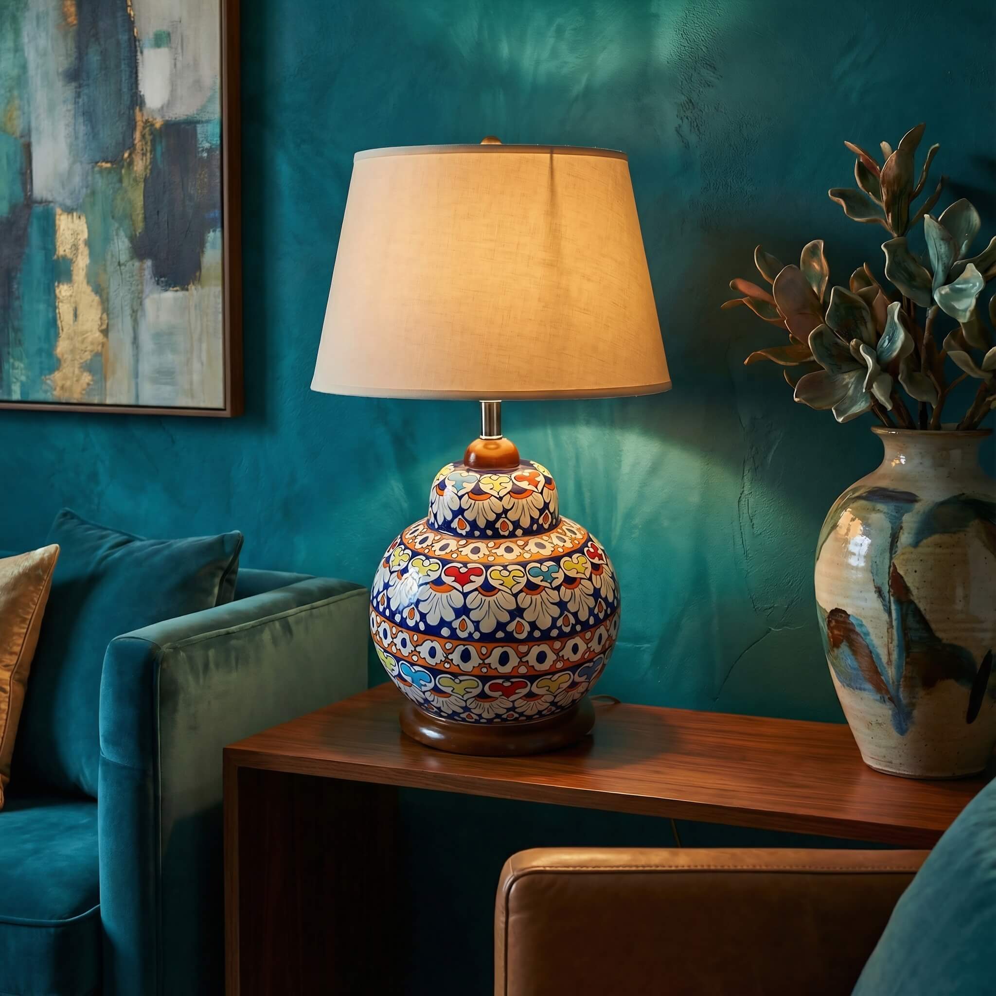 Handcrafted Multicolor Floral Blue Pottery Table Lamp – 16 Inch
