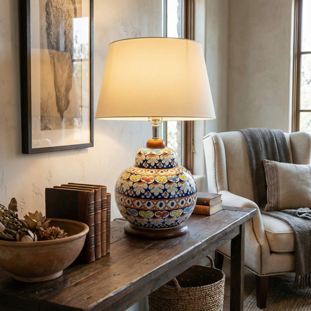 Handcrafted Multicolor Floral Blue Pottery Table Lamp – 16 Inch