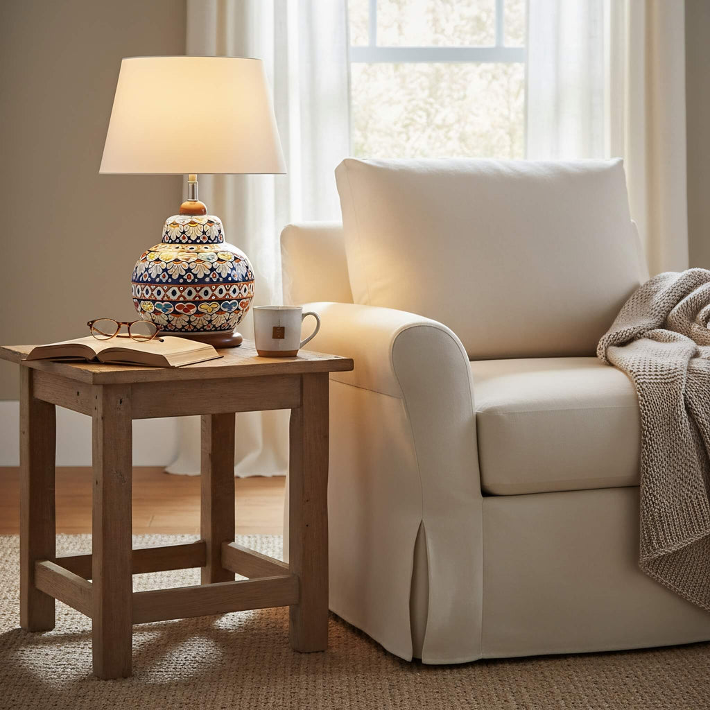 Handcrafted Multicolor Floral Blue Pottery Table Lamp – 16 Inch