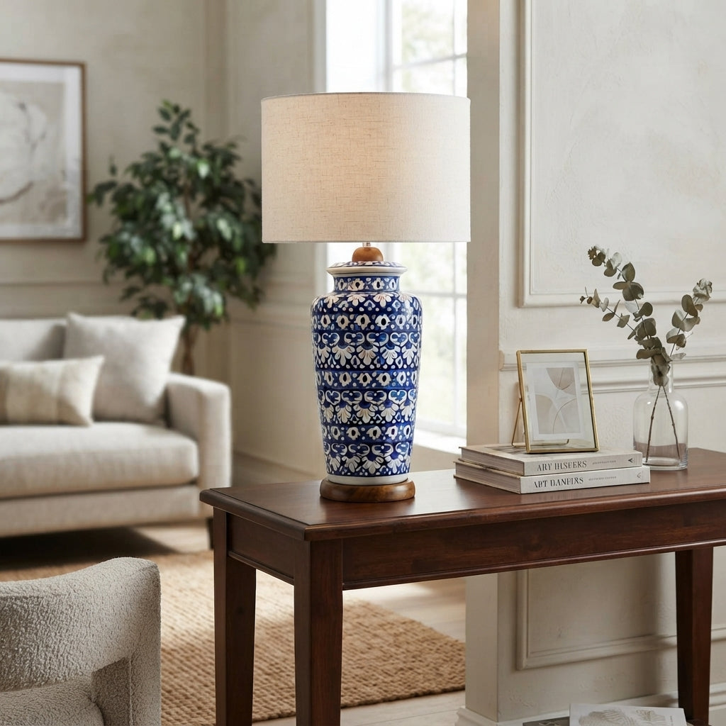 Blue Pottery Table Lamp Base - Tall Hand-Painted Ceramic Lamp Base with Banded Rosette Design