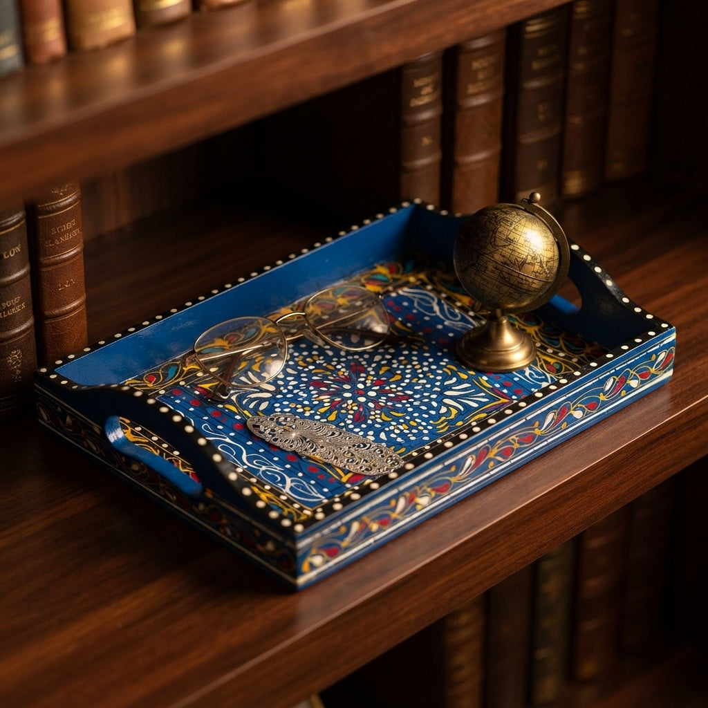 Royal Blue Swati Wooden Tray - 8x12 Inch Hand-Painted Starburst Tray