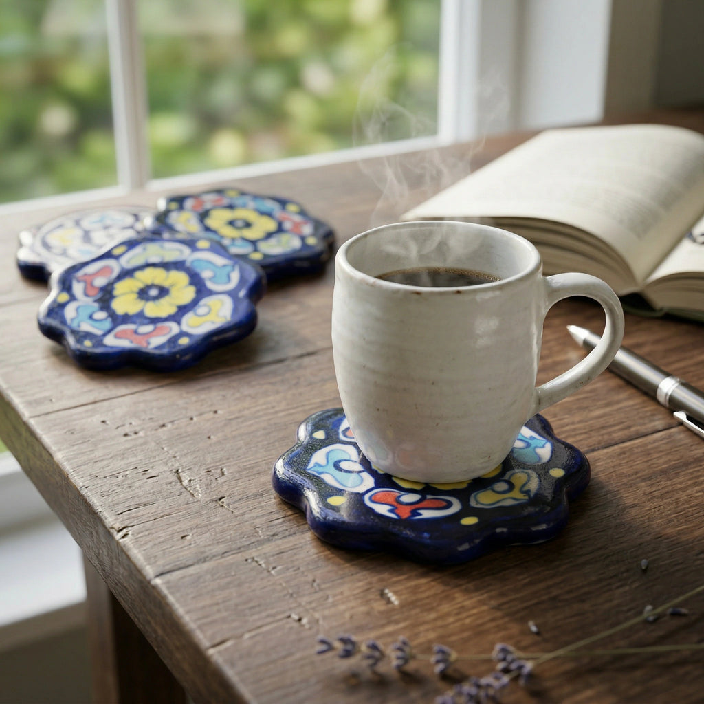 Blue Pottery Coasters Set of 5 – Hand-Painted Ceramic Drink Coasters | Multani Blue Pottery