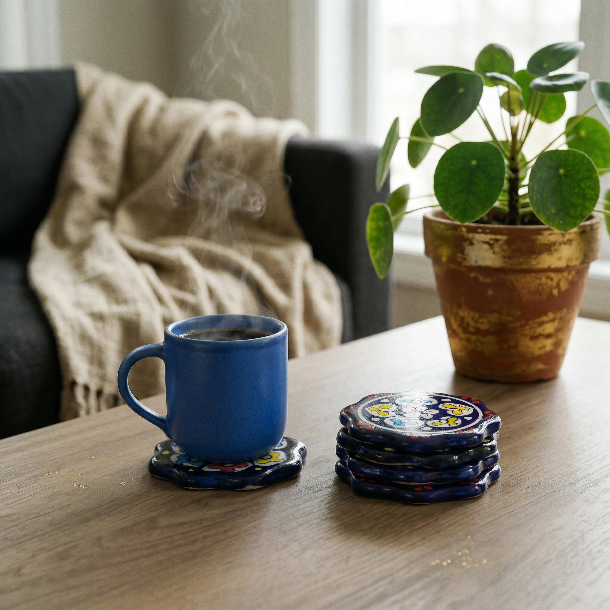Blue Pottery Coasters Set of 5 – Hand-Painted Ceramic Drink Coasters | Multani Blue Pottery