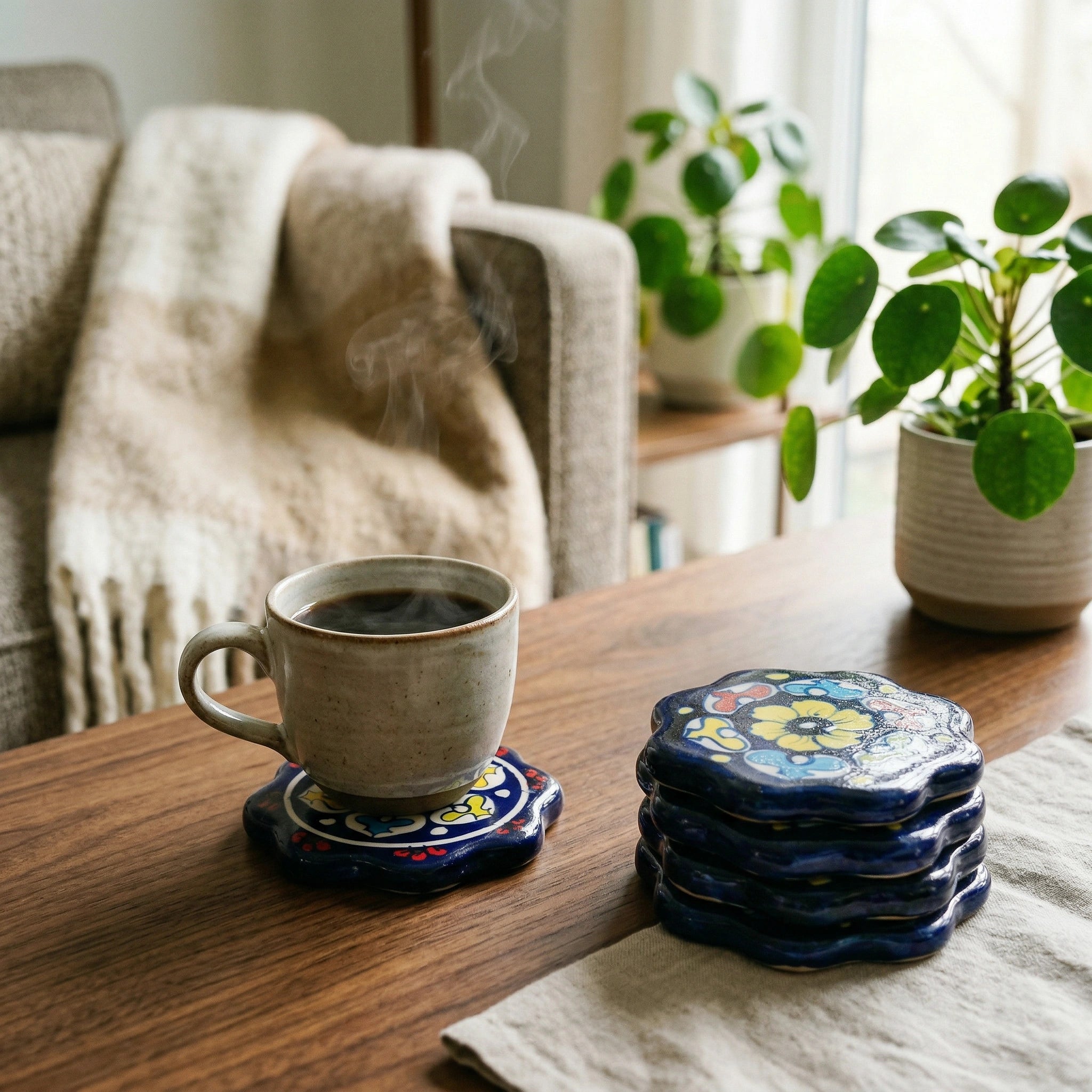 Blue Pottery Coasters Set of 5 – Hand-Painted Ceramic Drink Coasters | Multani Blue Pottery