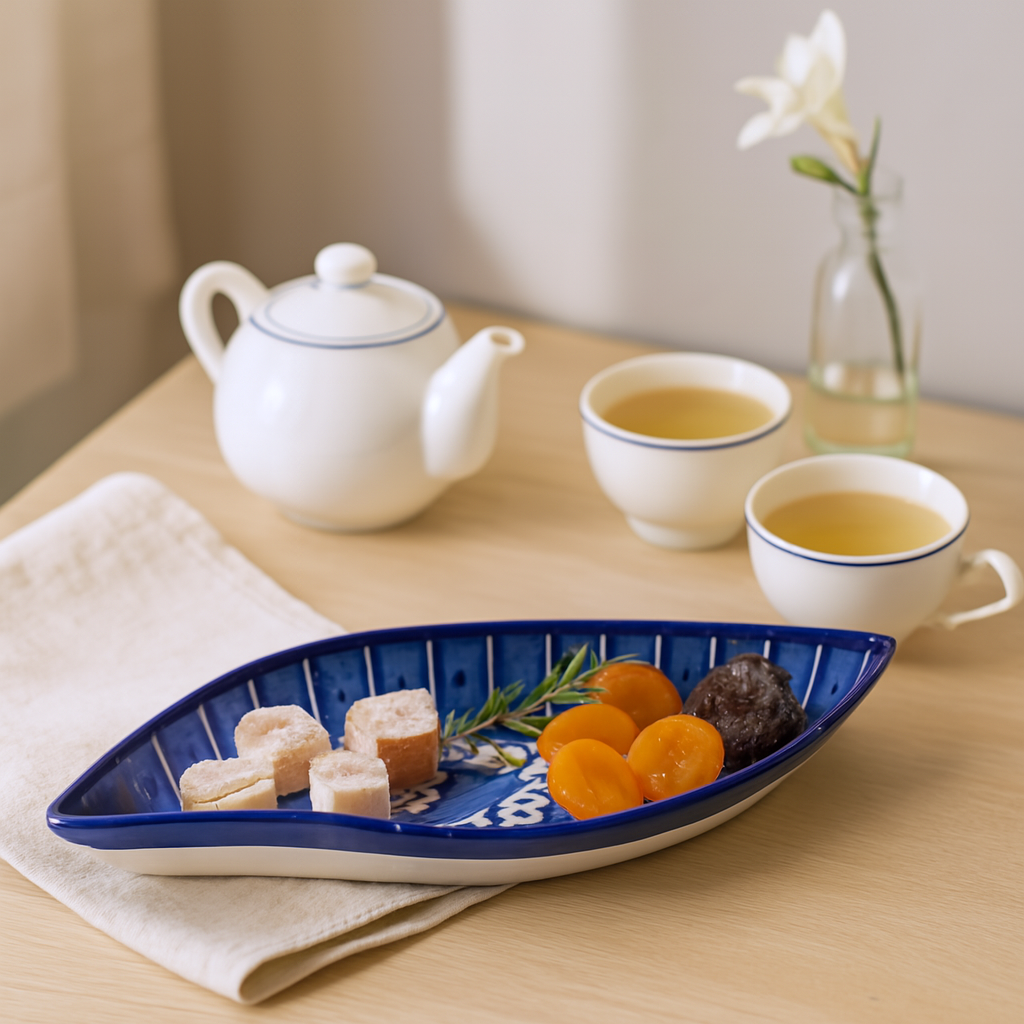 Boat Shaped Blue Pottery Dish - Bold Floral Lines