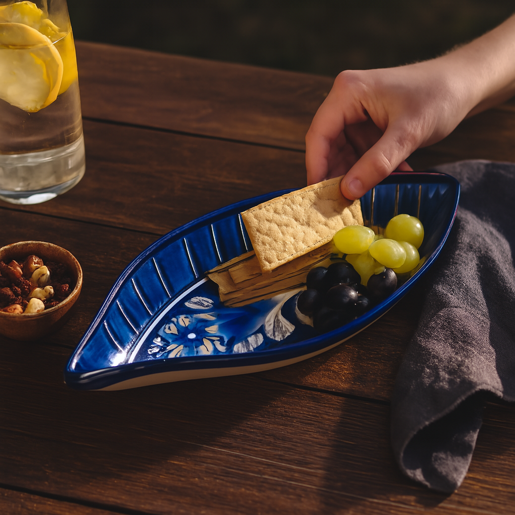 Boat Shaped Blue Pottery Dish - Bold Floral Lines