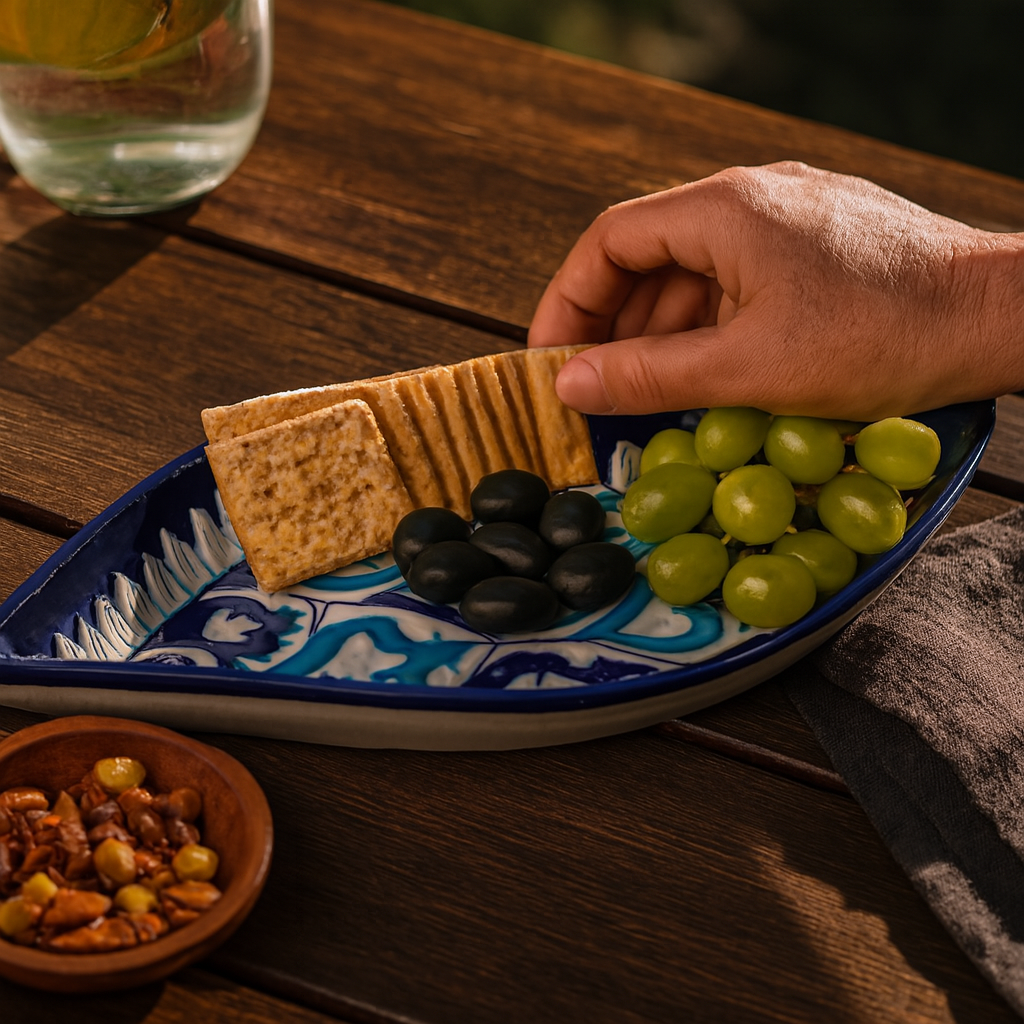 Boat Shaped Blue Pottery Dish - Petal Motif