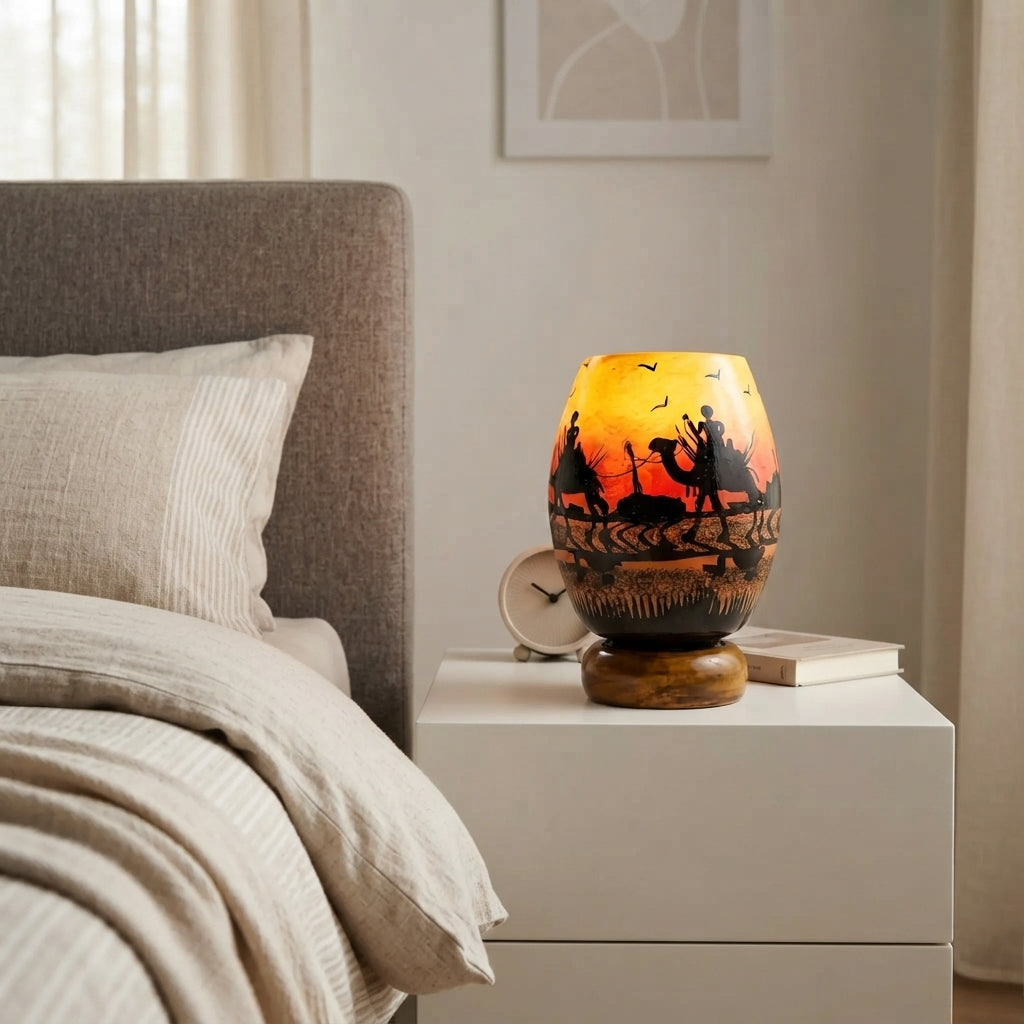 Small Camel Skin Lamp - Hand-Painted Desert Caravan Scene on Turned Wooden Base