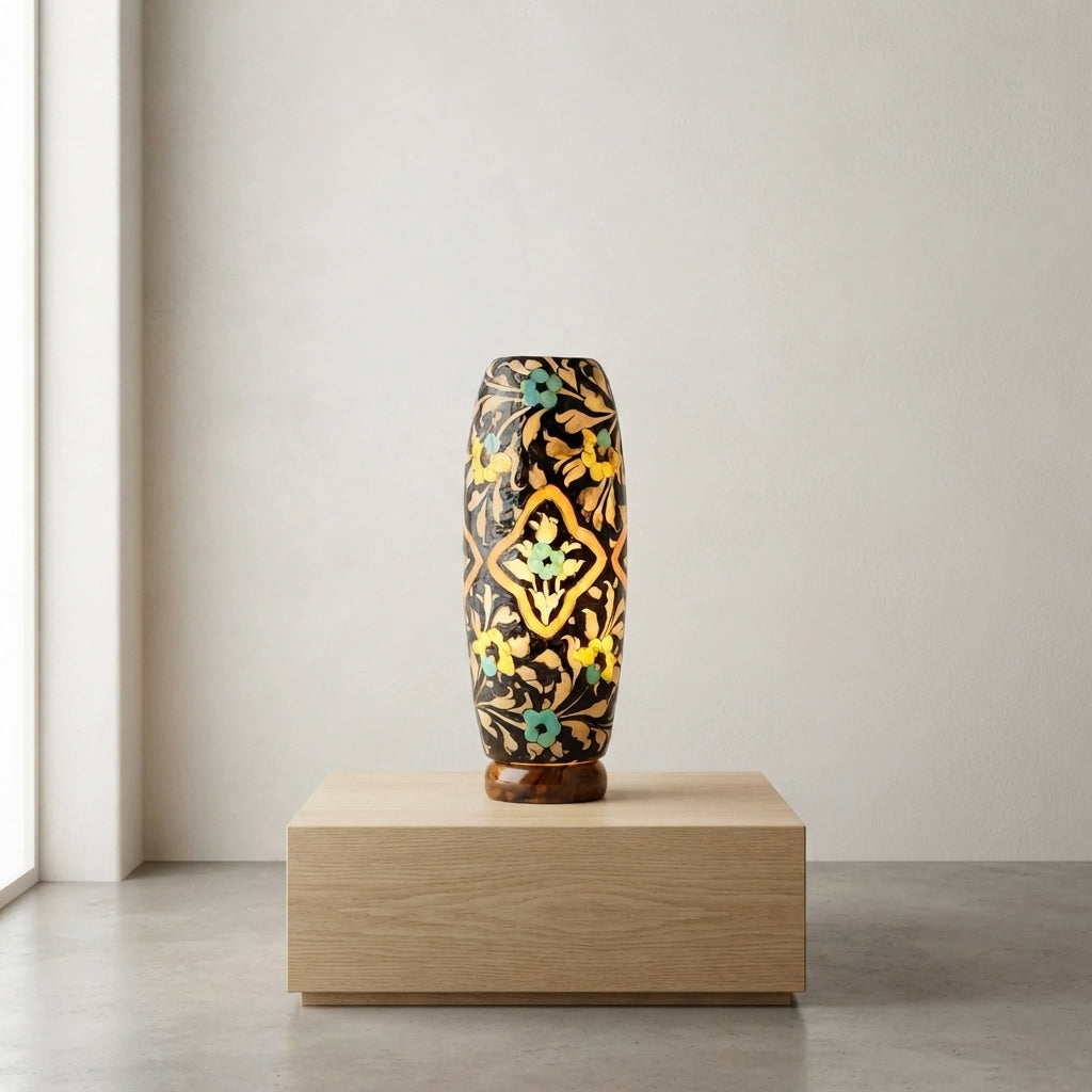 Camel Skin Lamp - Tall Hand-Painted Multani Table Lamp with Turquoise and Yellow Floral Naqashi