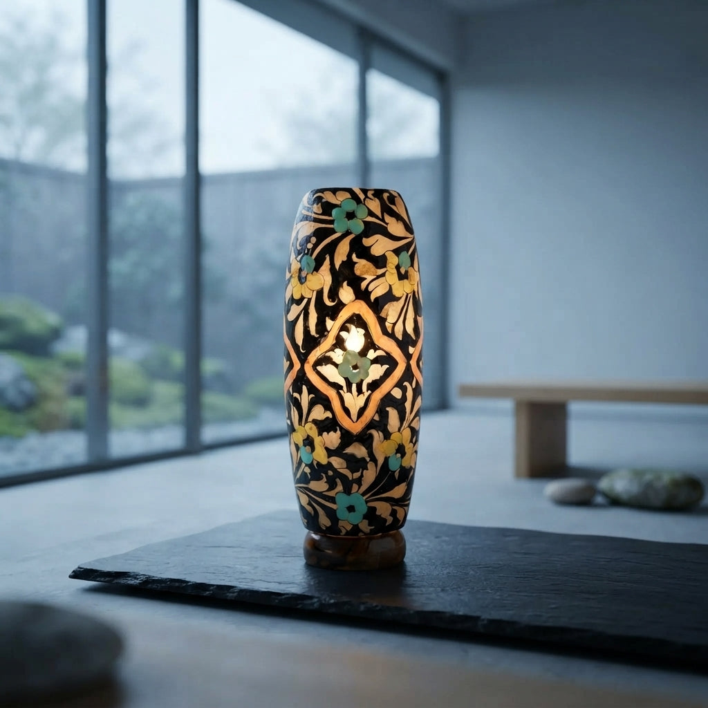 Camel Skin Lamp - Tall Hand-Painted Multani Table Lamp with Turquoise and Yellow Floral Naqashi