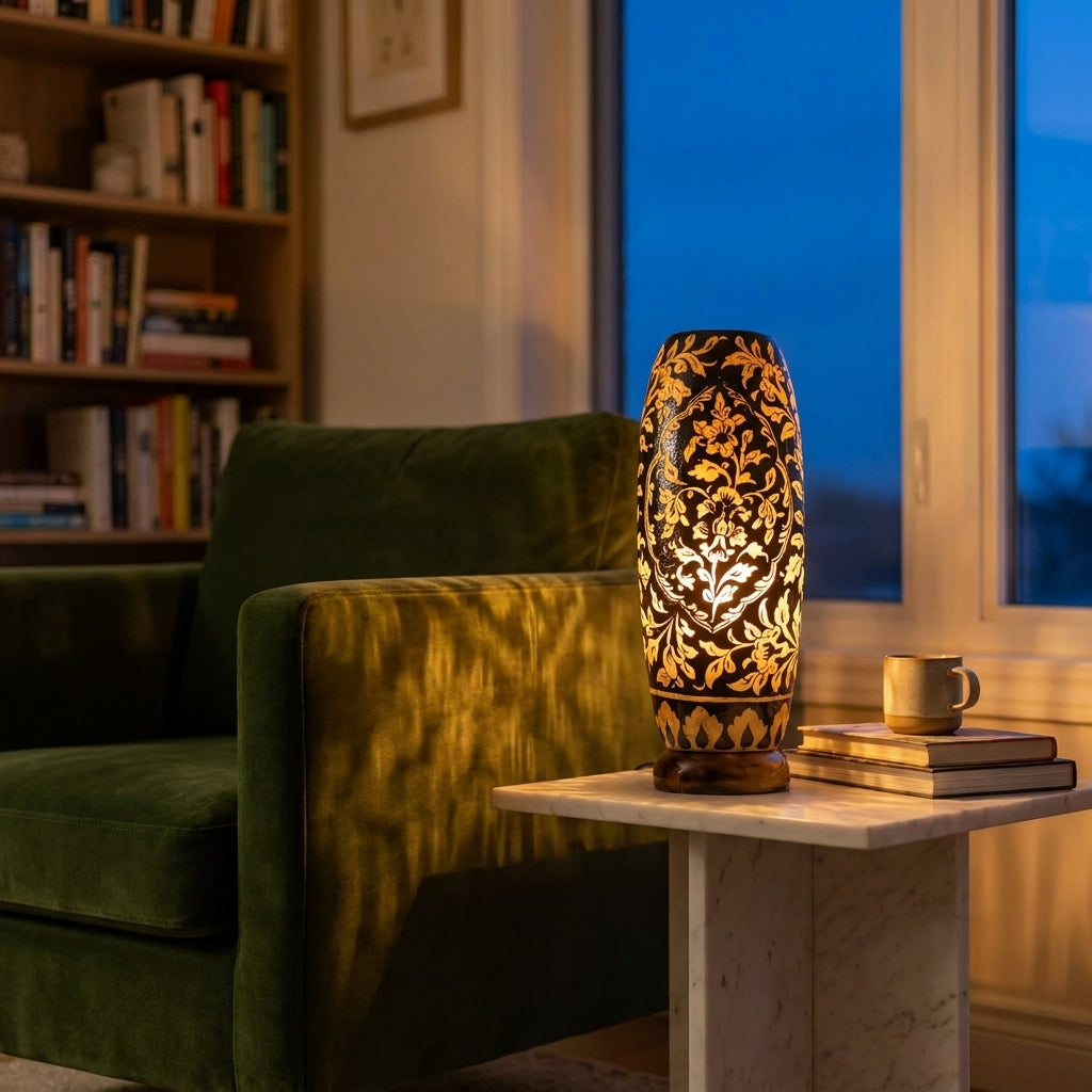 Camel Skin Lamp - Tall Hand-Painted Multani Table Lamp with Black and Cream Naqashi