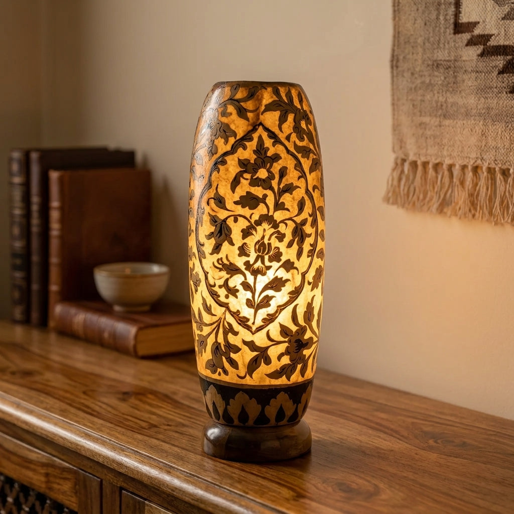 Camel Skin Lamp - Tall Hand-Painted Multani Table Lamp with Black and Cream Naqashi