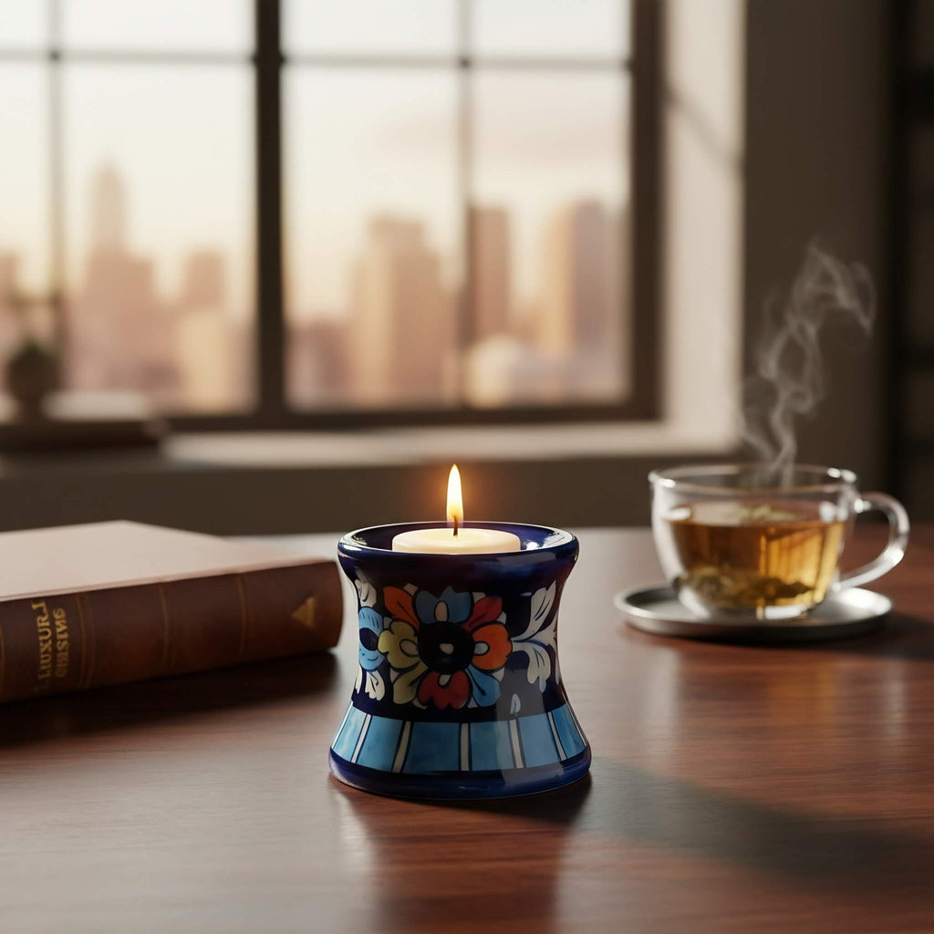 Multicolor Handmade Blue Pottery Ceramic Candle Stand – 3 Inch