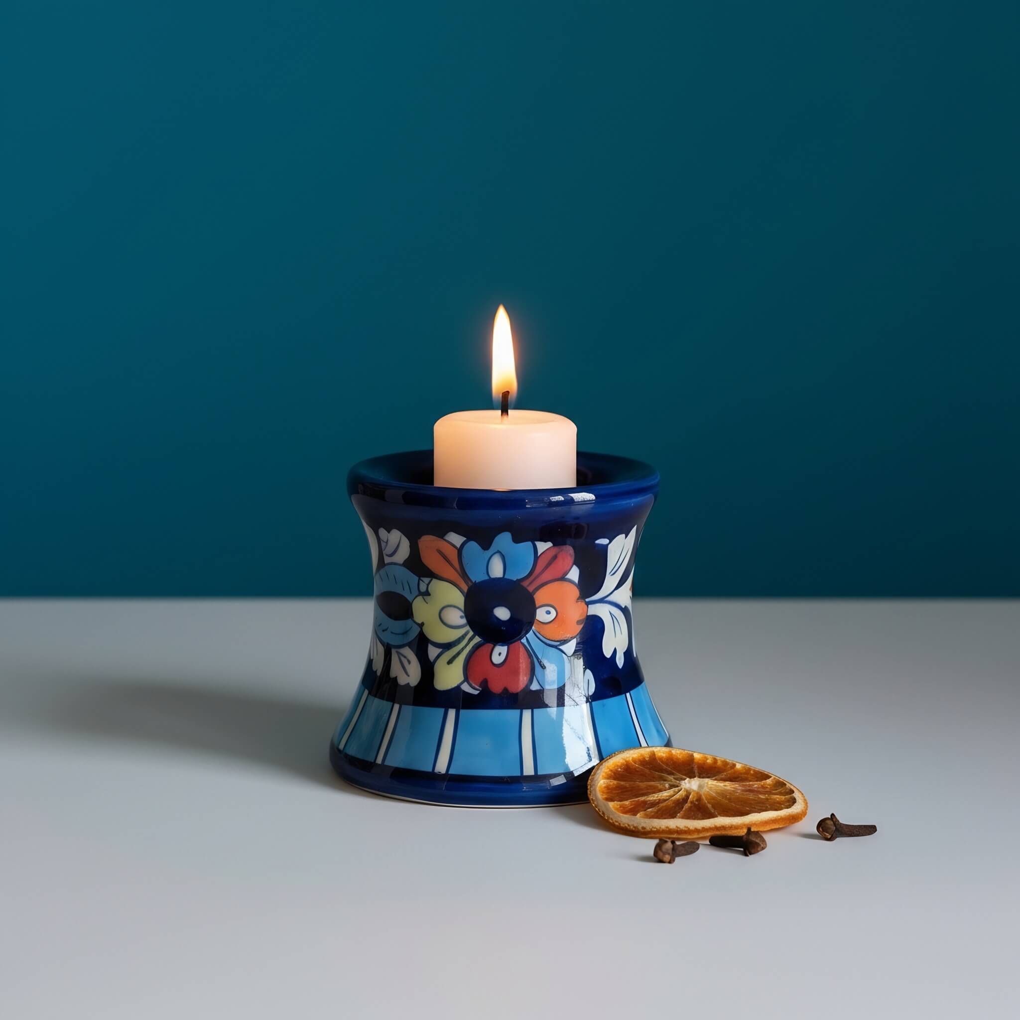 Multicolor Handmade Blue Pottery Ceramic Candle Stand – 3 Inch