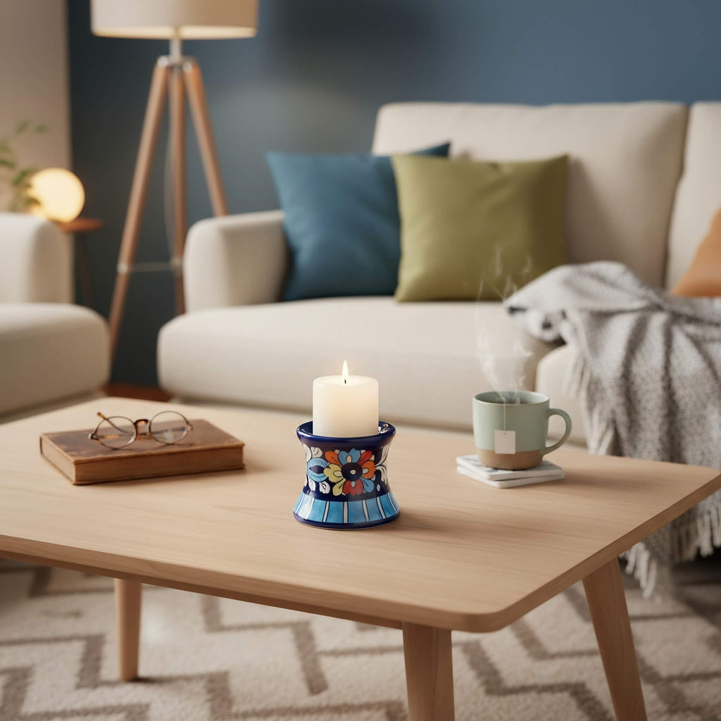 Multicolor Handmade Blue Pottery Ceramic Candle Stand – 3 Inch