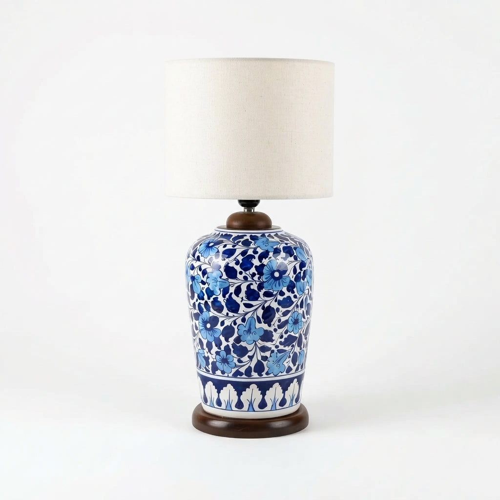 Blue Pottery Slim Table Lamp Base - Hand-Painted Cobalt Floral Vine Ceramic Lamp Base