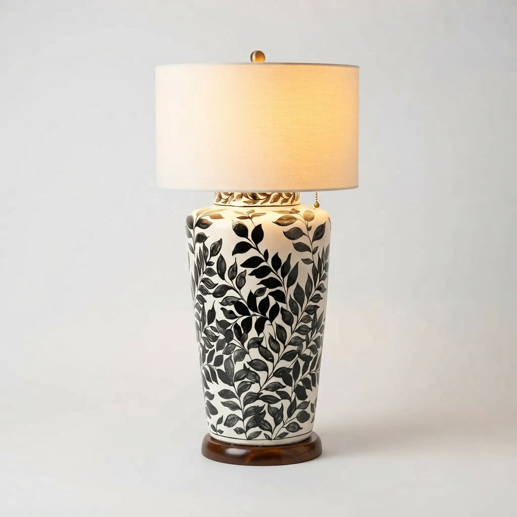 Ceramic Table Lamp Base - Tall Hand-Painted Black and White Leaf Vine Lamp Base