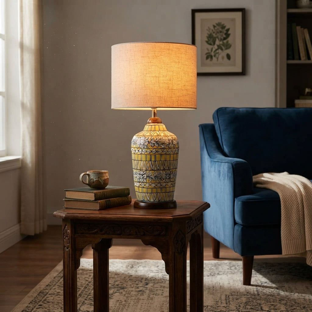 Blue Pottery Slim Table Lamp Base - Hand-Painted Yellow and Blue Floral Ceramic Lamp Base