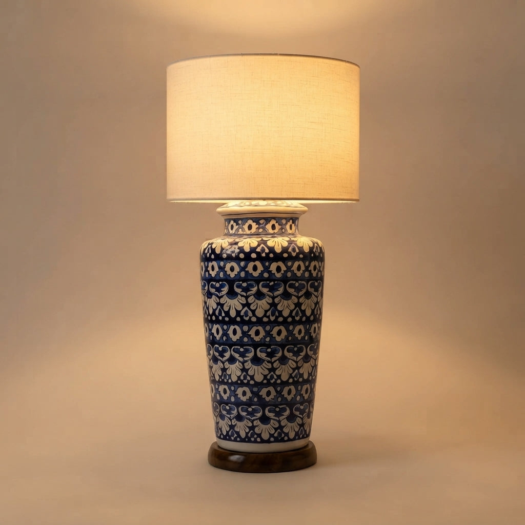 Blue Pottery Table Lamp Base - Tall Hand-Painted Ceramic Lamp Base with Banded Rosette Design