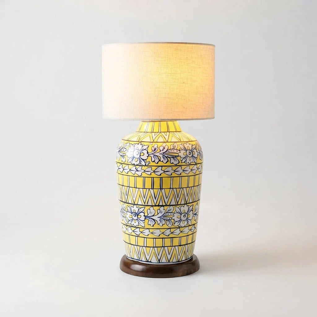 Blue Pottery Slim Table Lamp Base - Hand-Painted Yellow and Blue Floral Ceramic Lamp Base