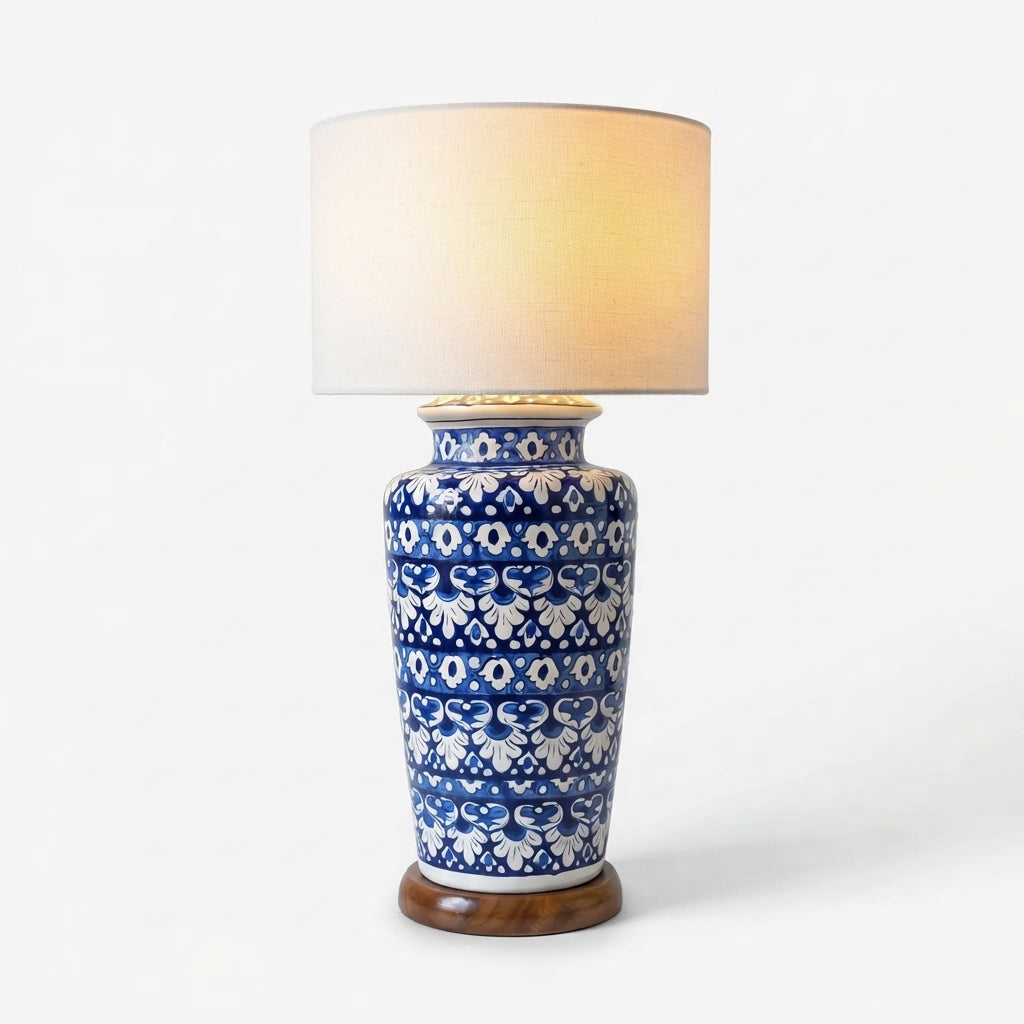 Blue Pottery Table Lamp Base - Tall Hand-Painted Ceramic Lamp Base with Banded Rosette Design