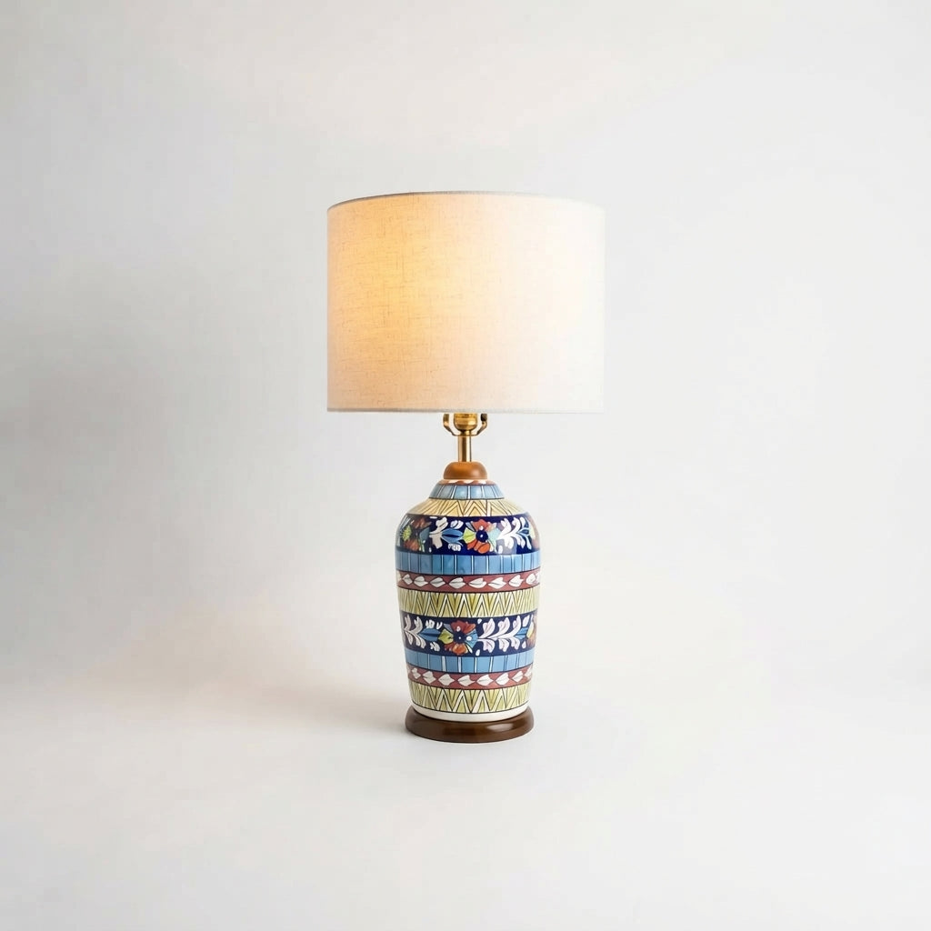 Blue Pottery Slim Table Lamp Base - Hand-Painted Ceramic Lamp Base in Cobalt, Yellow and Red Bands