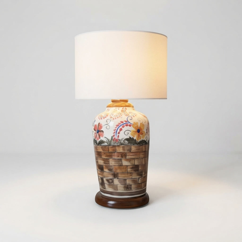 Ceramic Table Lamp Base - Hand-Painted Brick Wall and Garden Flower Lamp Base