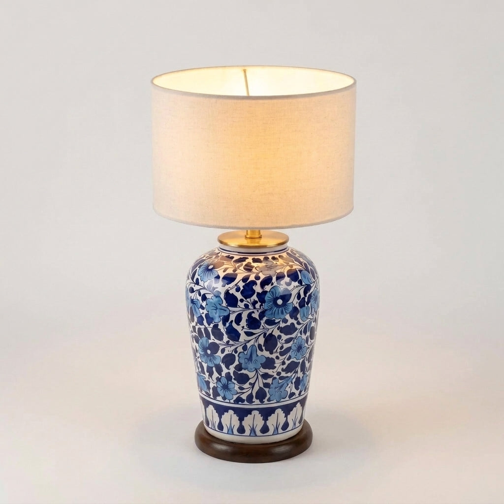 Blue Pottery Slim Table Lamp Base - Hand-Painted Cobalt Floral Vine Ceramic Lamp Base