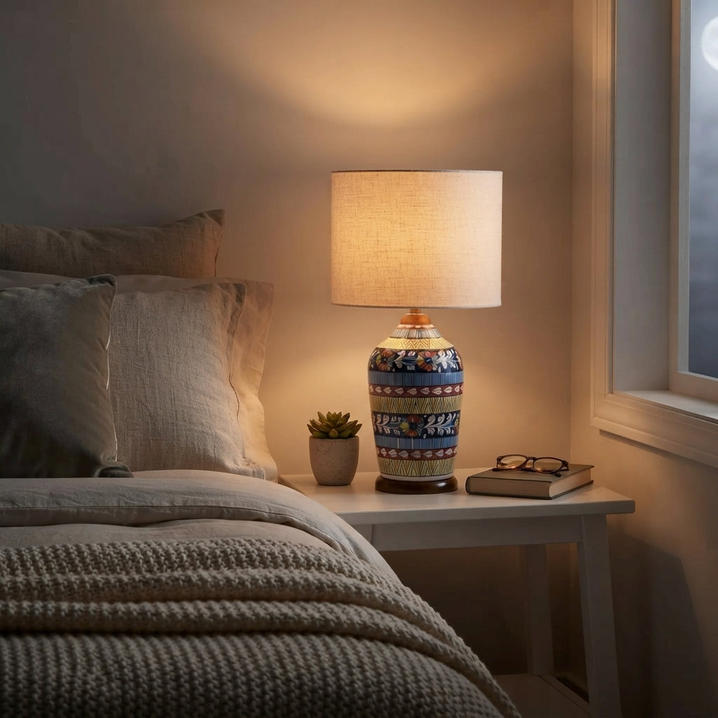 Blue Pottery Slim Table Lamp Base - Hand-Painted Ceramic Lamp Base in Cobalt, Yellow and Red Bands