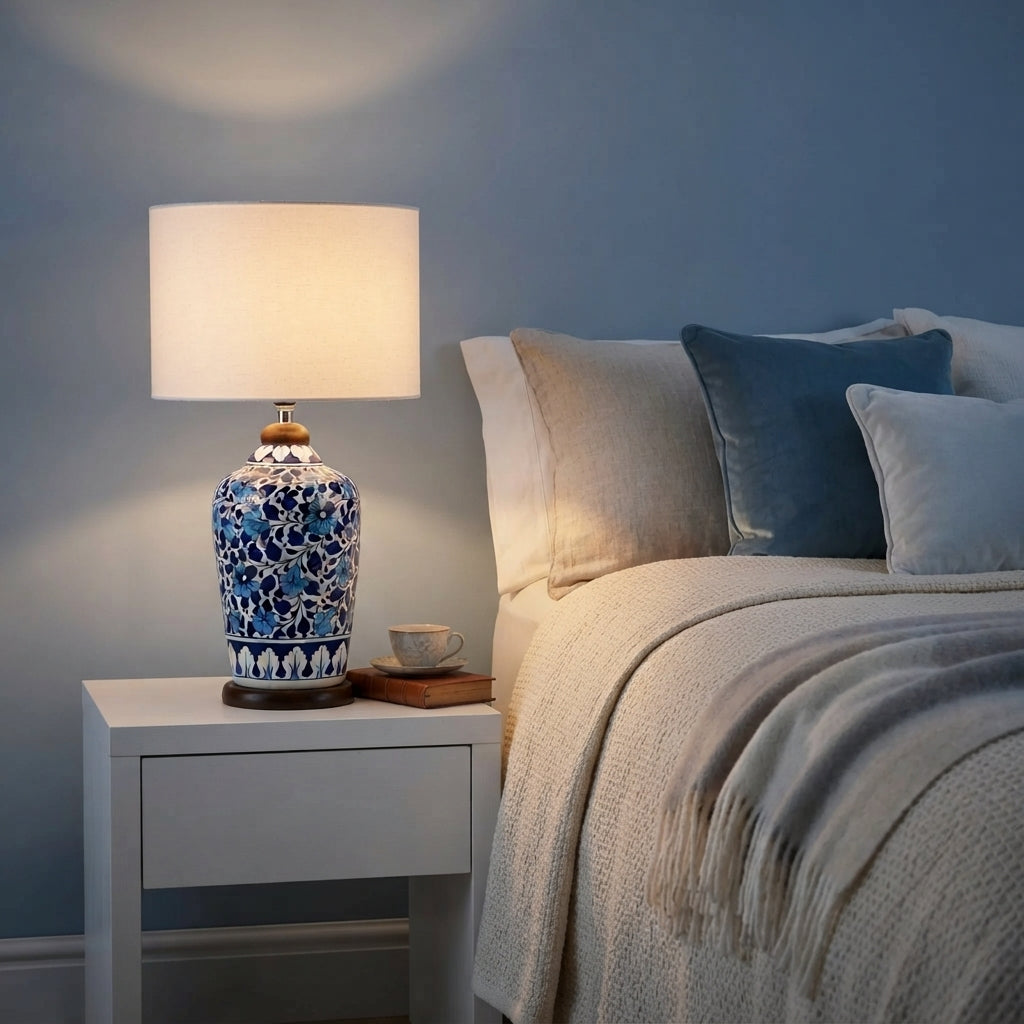 Blue Pottery Slim Table Lamp Base - Hand-Painted Cobalt Floral Vine Ceramic Lamp Base