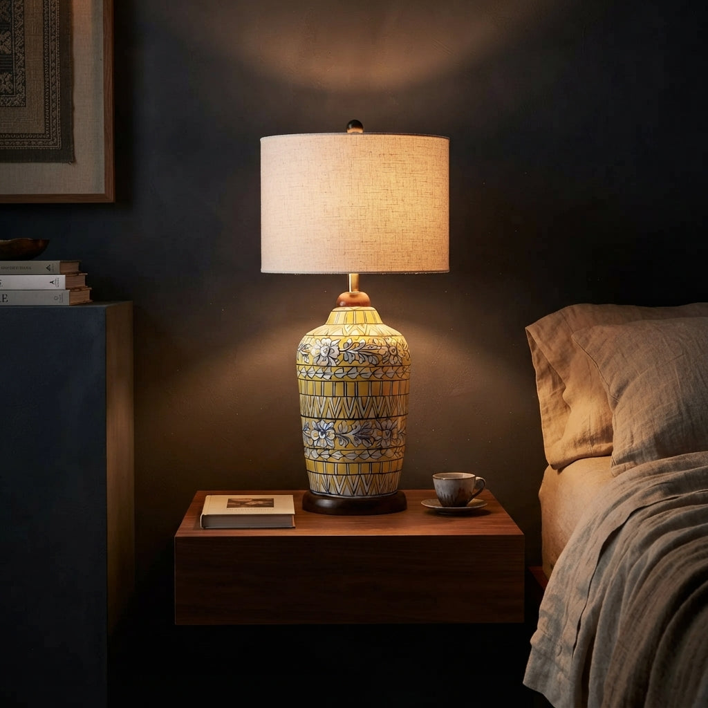 Blue Pottery Slim Table Lamp Base - Hand-Painted Yellow and Blue Floral Ceramic Lamp Base