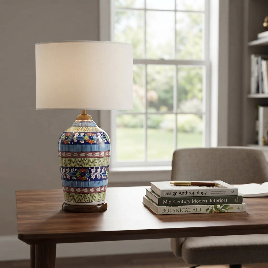 Blue Pottery Slim Table Lamp Base - Hand-Painted Ceramic Lamp Base in Cobalt, Yellow and Red Bands