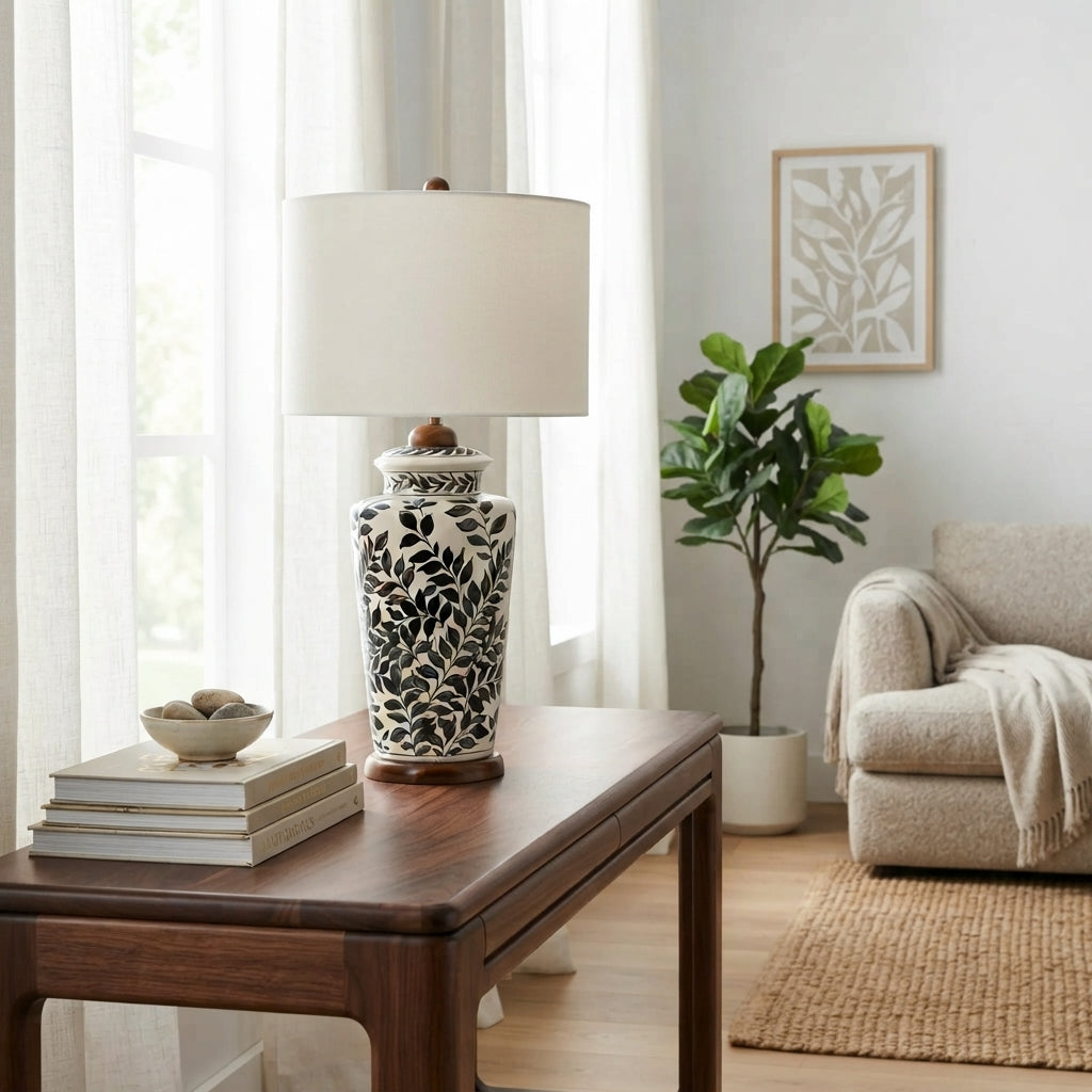 Ceramic Table Lamp Base - Tall Hand-Painted Black and White Leaf Vine Lamp Base