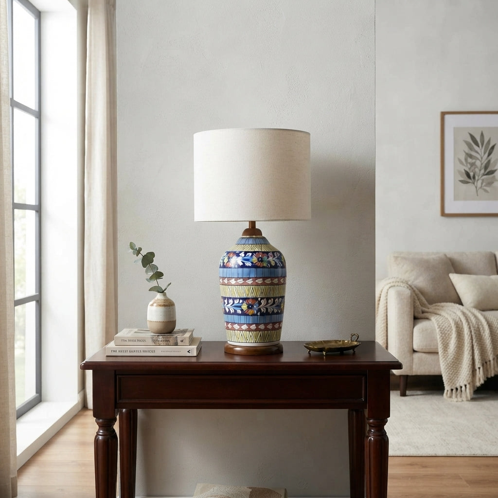 Blue Pottery Slim Table Lamp Base - Hand-Painted Ceramic Lamp Base in Cobalt, Yellow and Red Bands