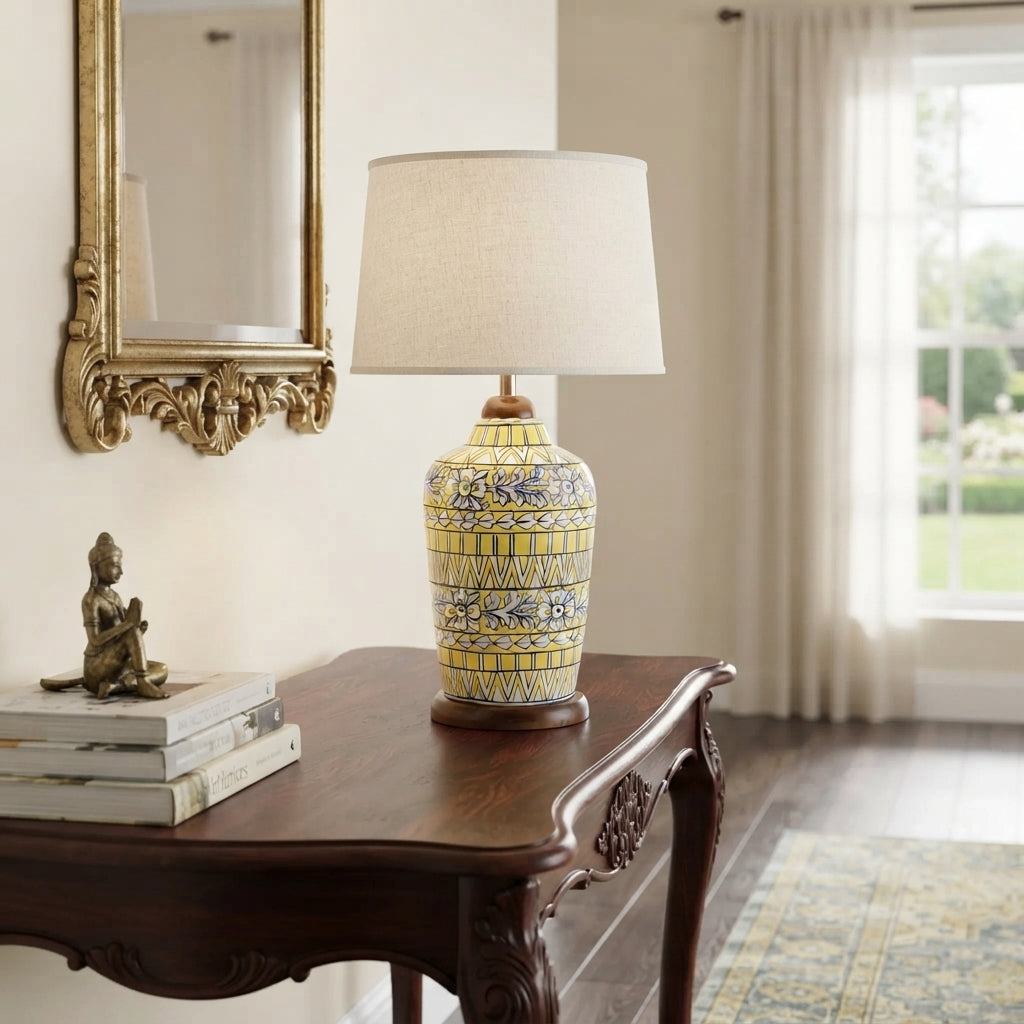 Blue Pottery Slim Table Lamp Base - Hand-Painted Yellow and Blue Floral Ceramic Lamp Base