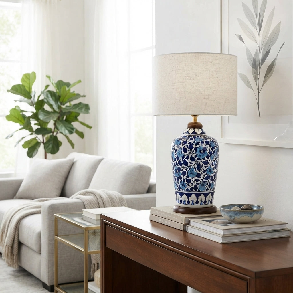 Blue Pottery Slim Table Lamp Base - Hand-Painted Cobalt Floral Vine Ceramic Lamp Base