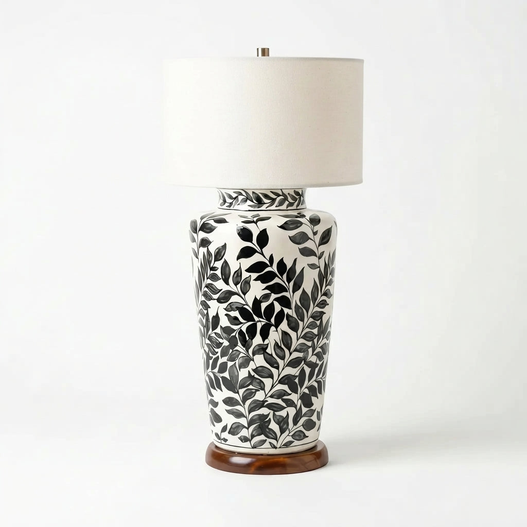 Ceramic Table Lamp Base - Tall Hand-Painted Black and White Leaf Vine Lamp Base