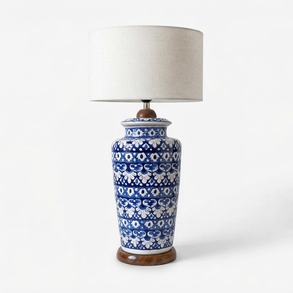 Blue Pottery Table Lamp Base - Tall Hand-Painted Ceramic Lamp Base with Banded Rosette Design