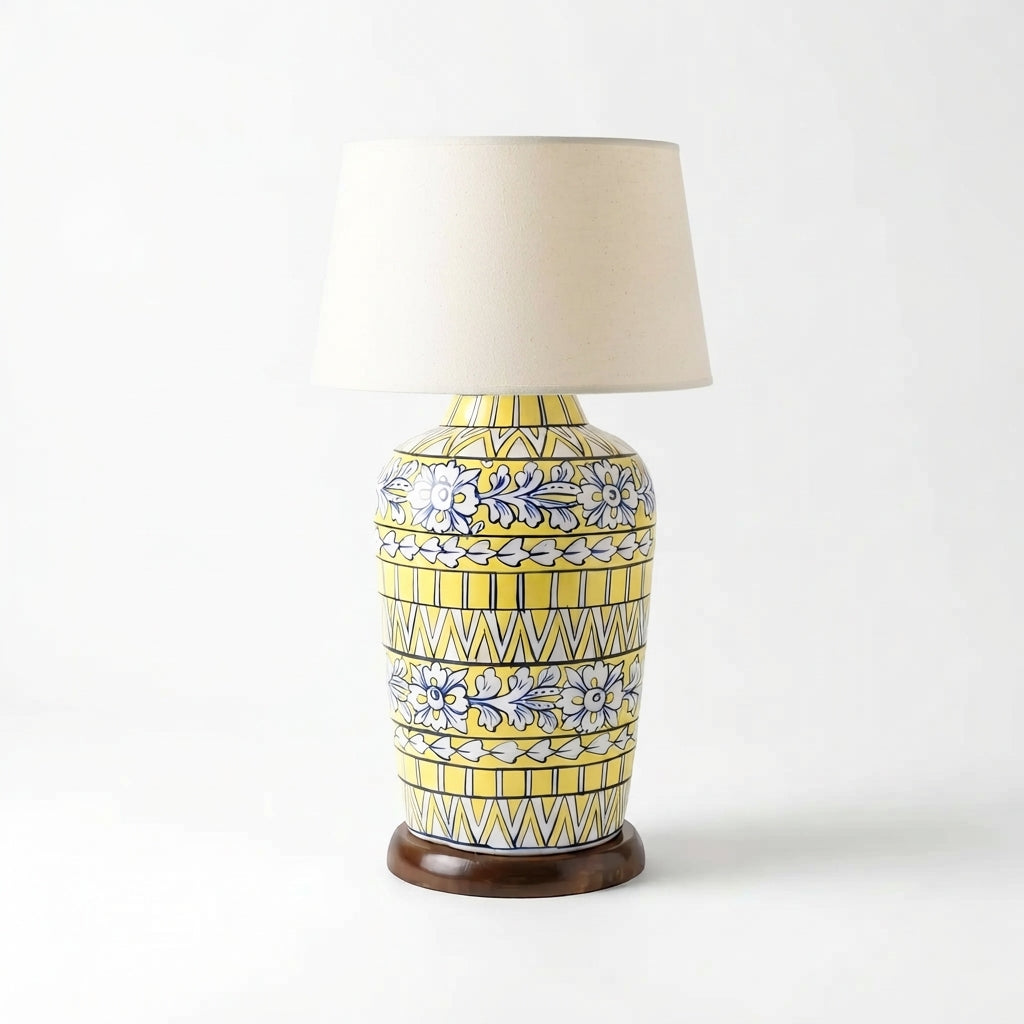 Blue Pottery Slim Table Lamp Base - Hand-Painted Yellow and Blue Floral Ceramic Lamp Base