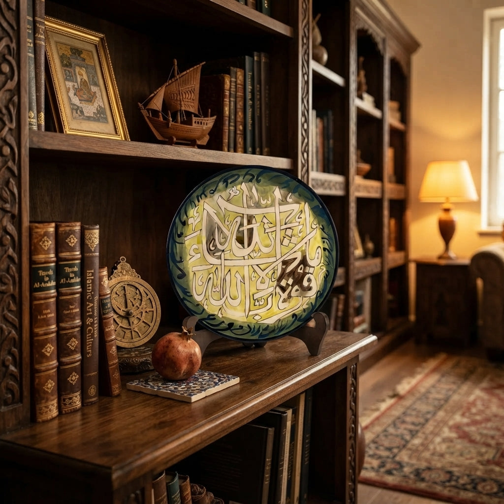 A decorative round wall plate with Arabic calligraphy in green and gold tones, displayed on a wooden bookshelf in a warm, traditional library setting.