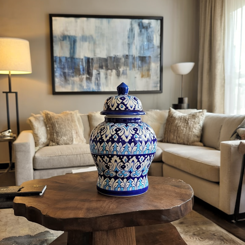 Lidded Chinese Jar – Leaf Drop Pattern